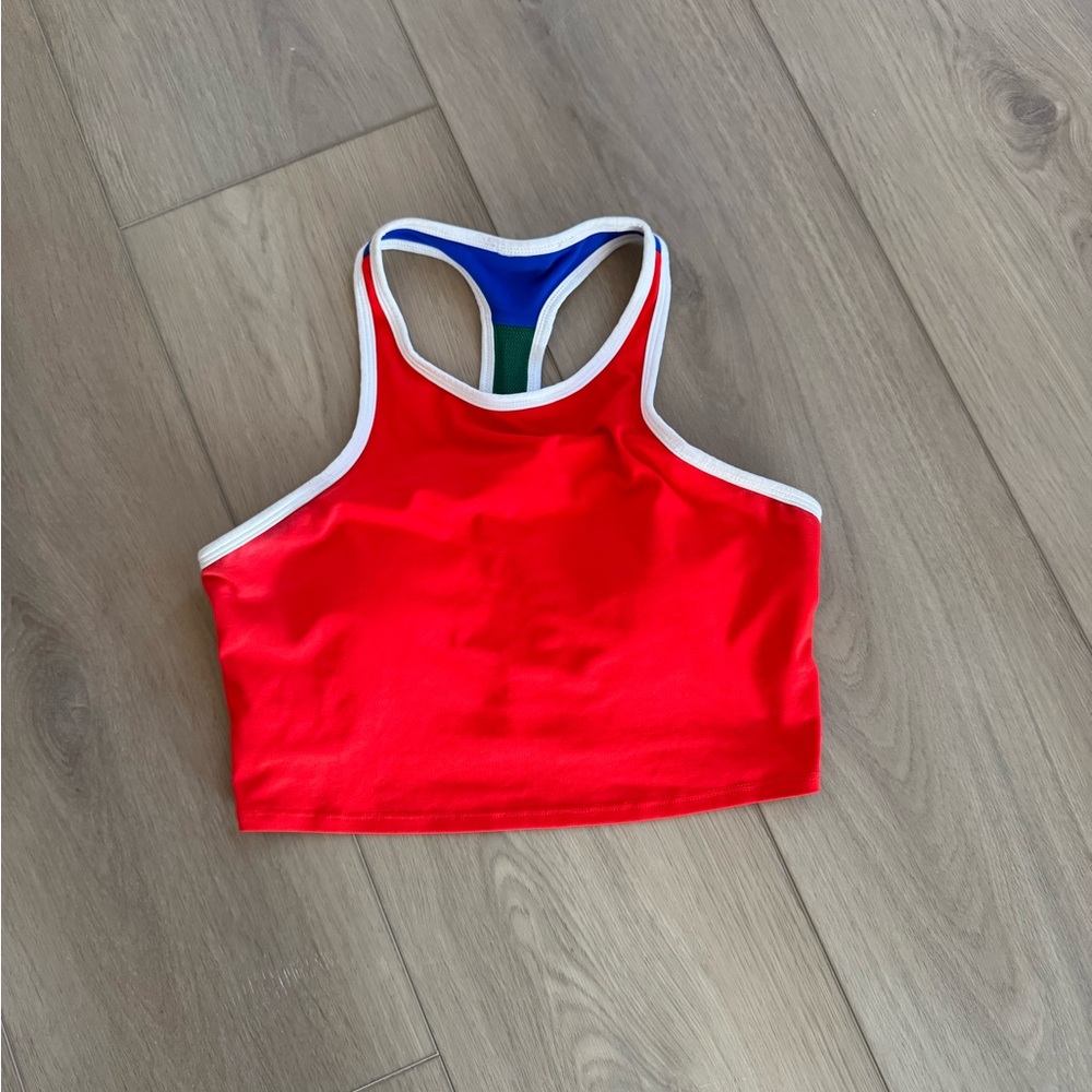 Fabletics Red/Blue Racerback Sports Top with green mesh